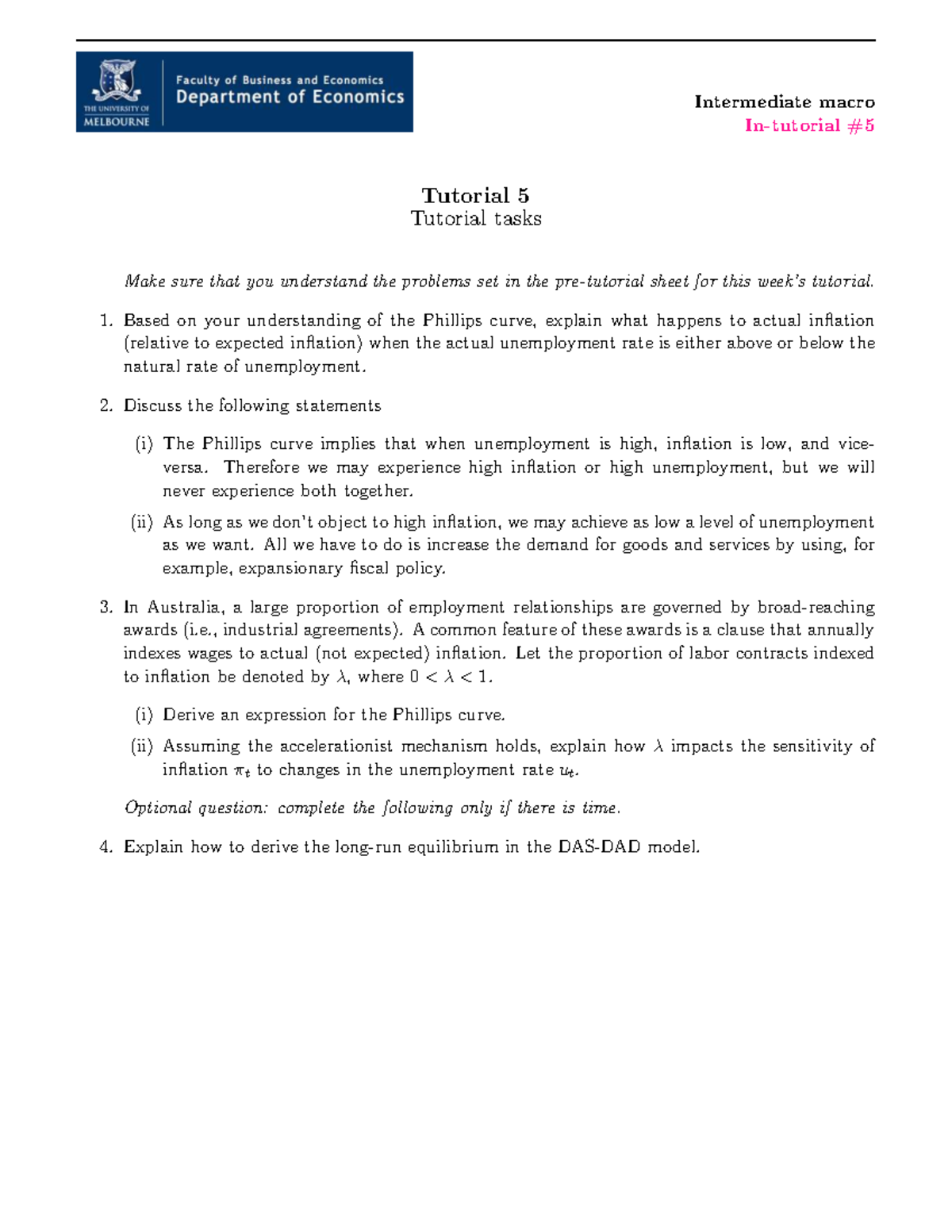Intermediate Macro (ECO301) Tutorial 5: Phillips Curve Analysis - Studocu