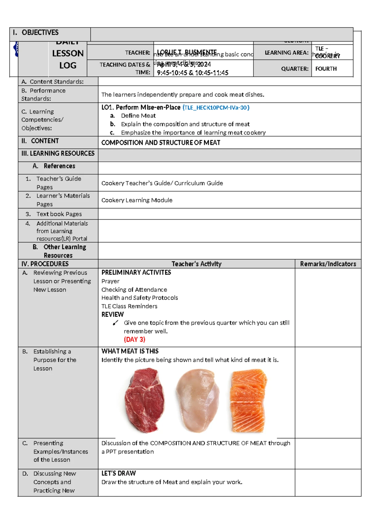 WEEK 3 DAY 1-2 TLE_HECK10PCM-IVa-30 Overview of Market Forms of Meat ...