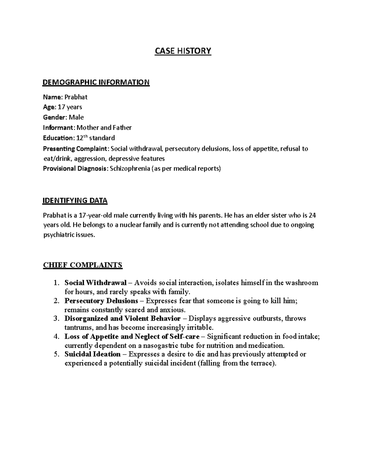 P Case History: Demographic & Clinical Overview of Schizophrenia - Studocu