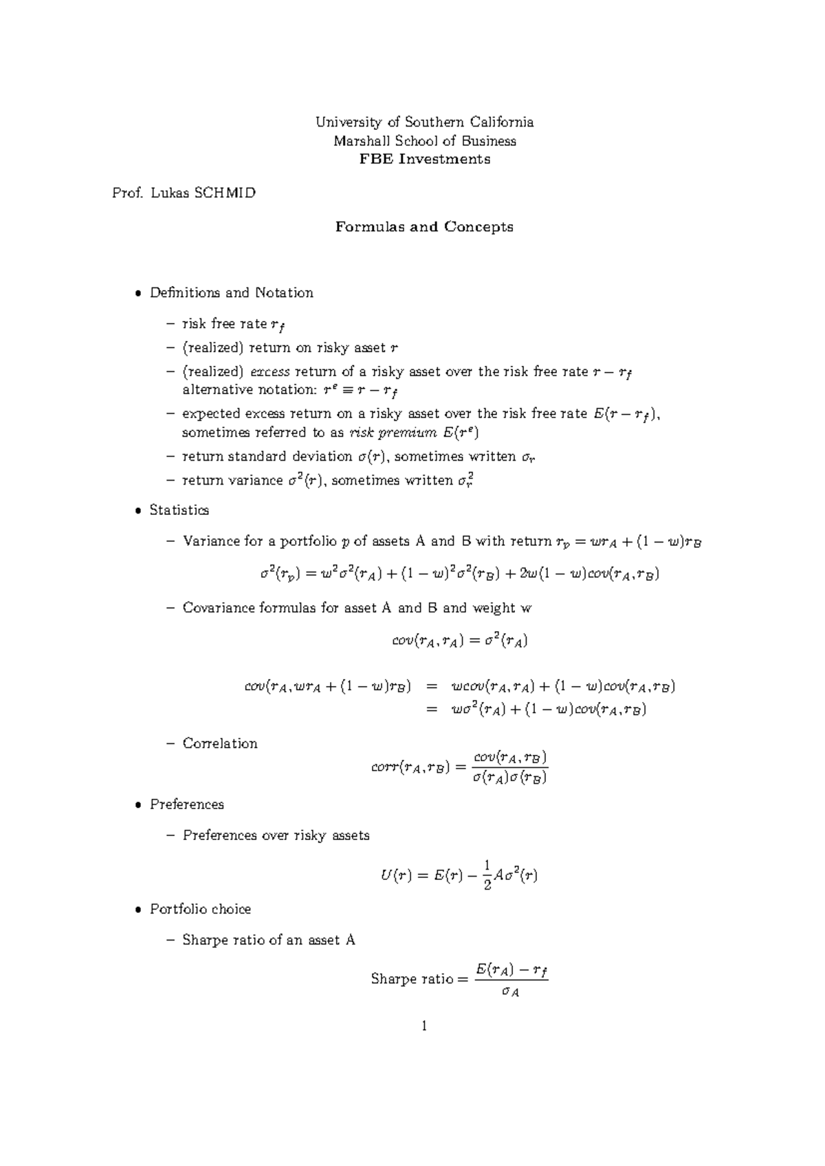 FBE Investments: Key Formulas and Concepts for CFA Exam - Studocu