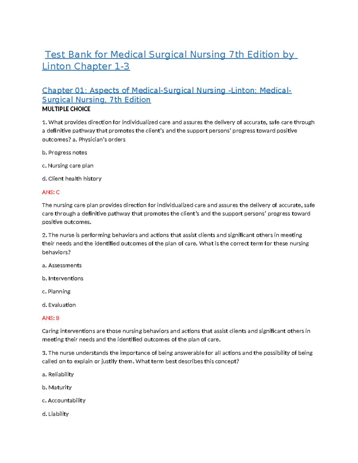 Test Bank for Medical Surgical Nursing 7th Edition by Linton Chapter 1 ...