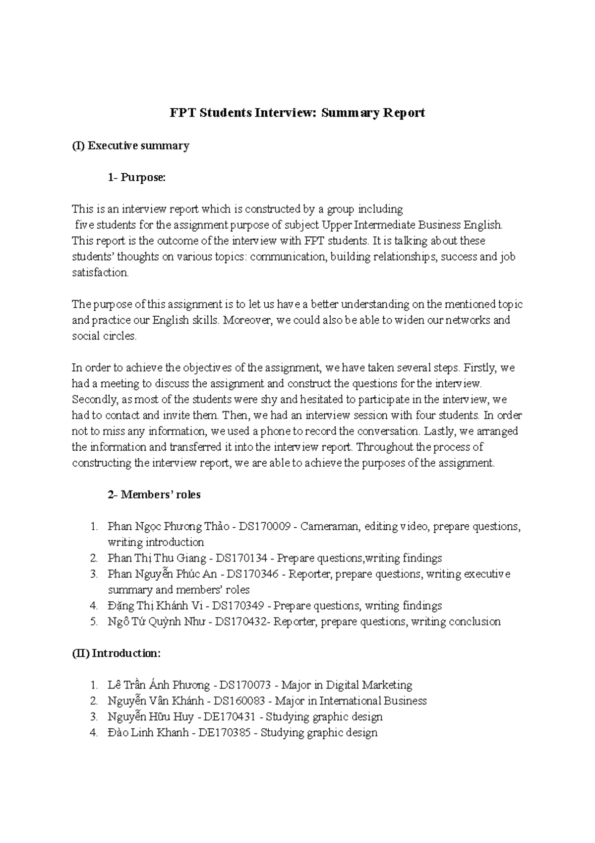 ENM Interview - fdfefes - FPT Students Interview: Summary Report (I ...