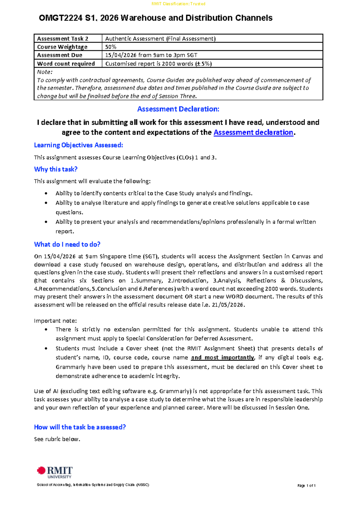 RMIT Warehouse & Distribution Channels Assessment Task 2 (Final) - Studocu