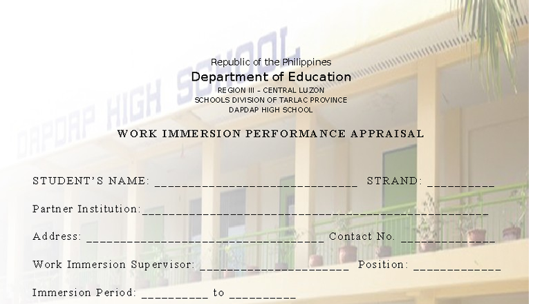 Work Immersion Performance Appraisal - Dapdap High School - Studocu