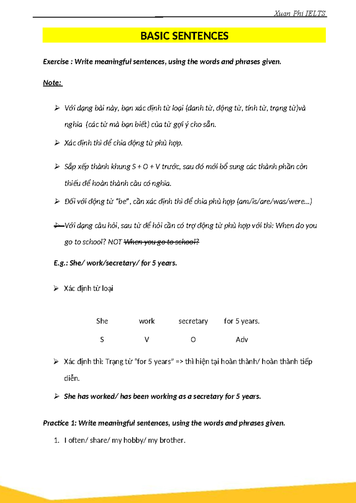 1. Basic Sentences - dsfg - BASIC SENTENCES Exercise : Write meaningful ...