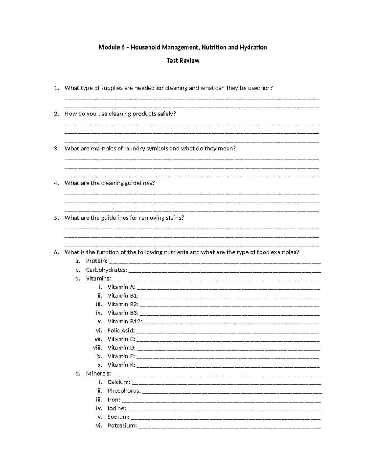 Module 6 - Household Management, Nutrition and Hydration test review ...