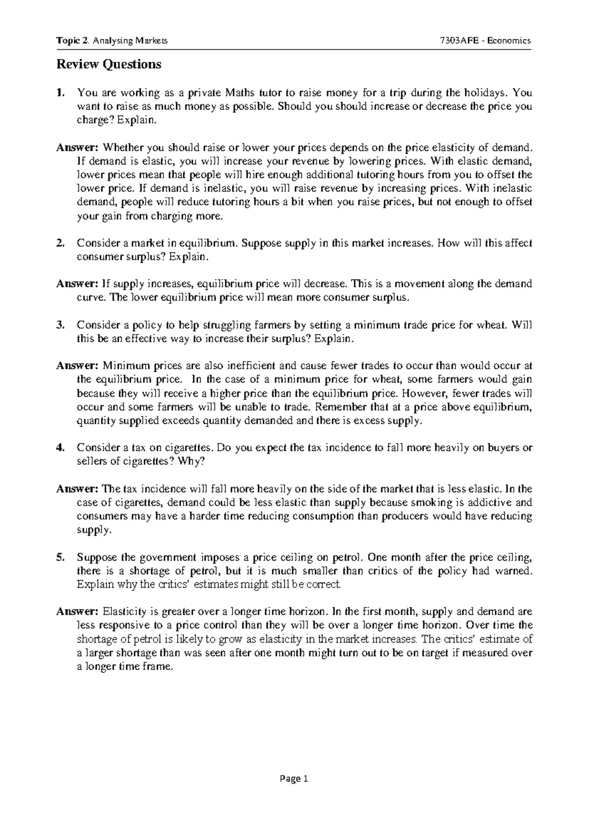 Topic 2 - Answers for Tutorial Questions in Economics - Studocu