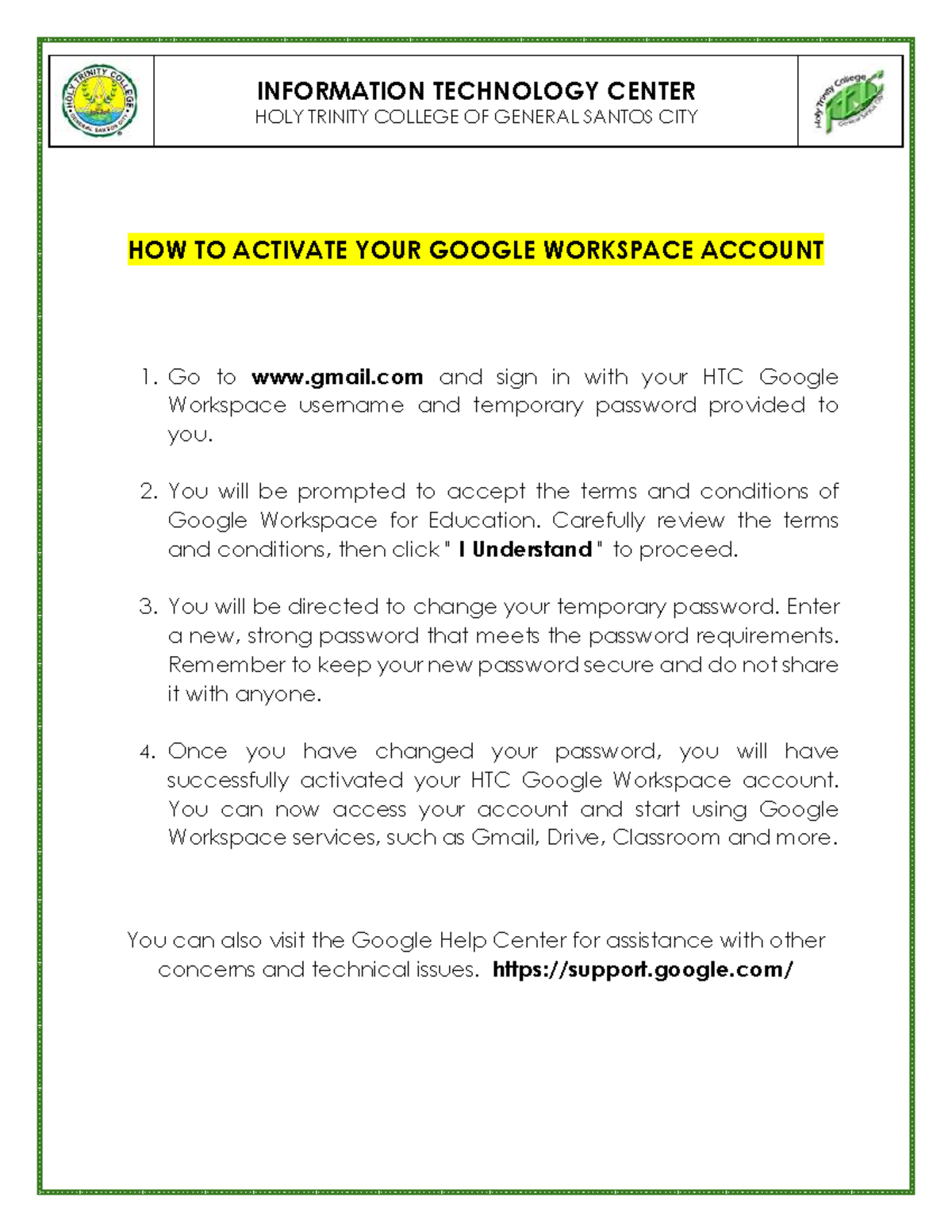 HTC Google Workspace Account Activation Guide Studocu