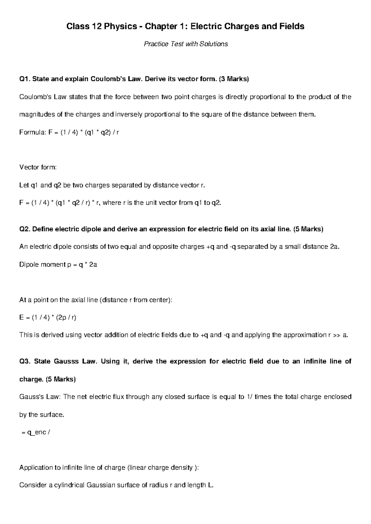 Class 12 Physics Chapter 1: Electric Charges & Fields Test Solutions ...
