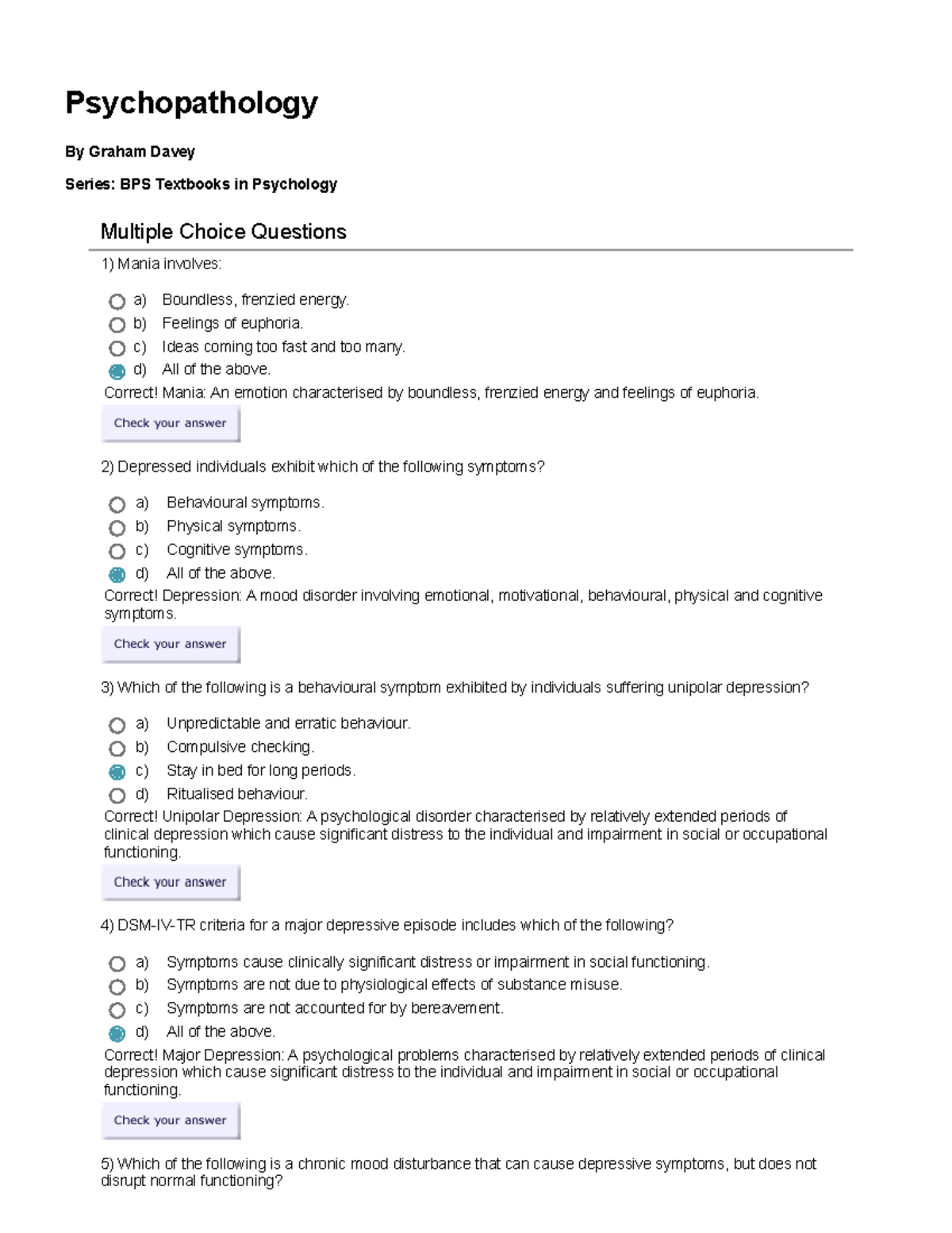 Psychopathology MCQs for Chapter 6 - BPS Textbooks in Psychology - Studocu