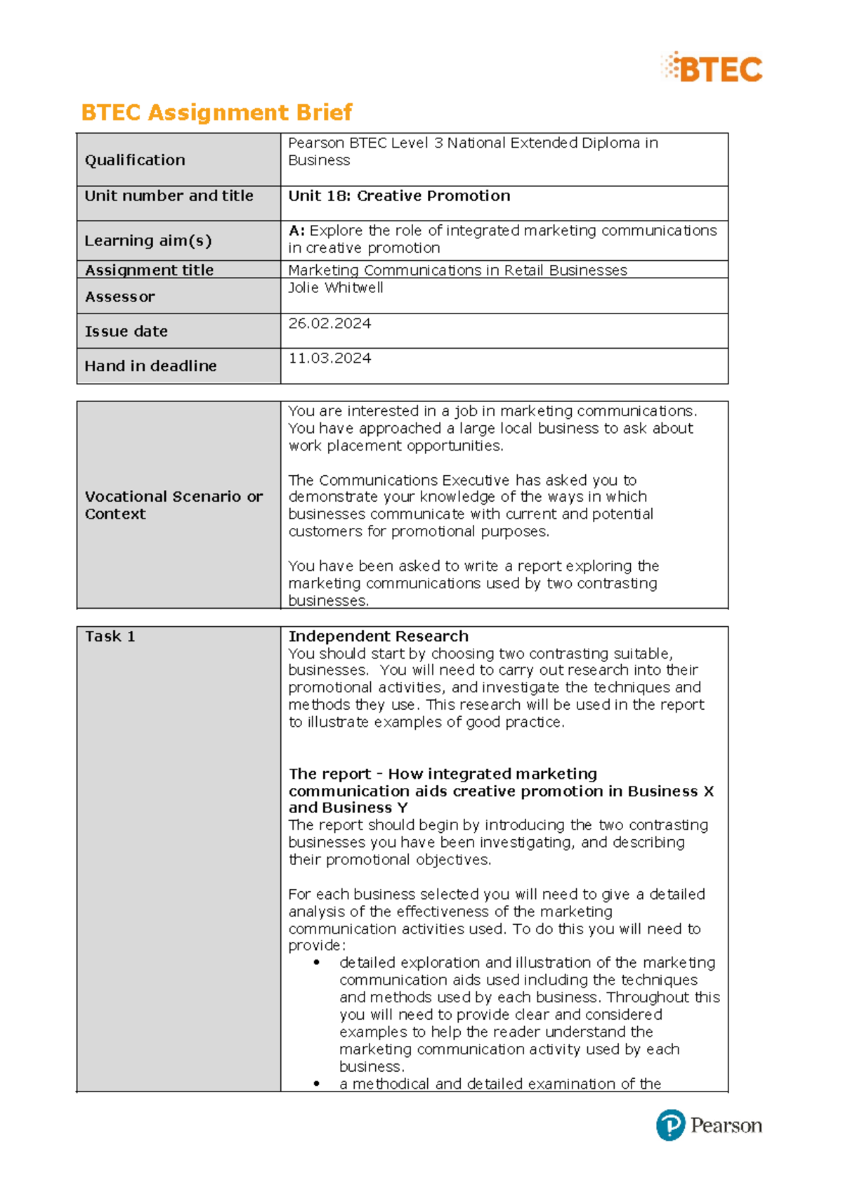 Unit 18 Assingmet 1 - BTEC Assignment Brief Qualification Pearson BTEC ...