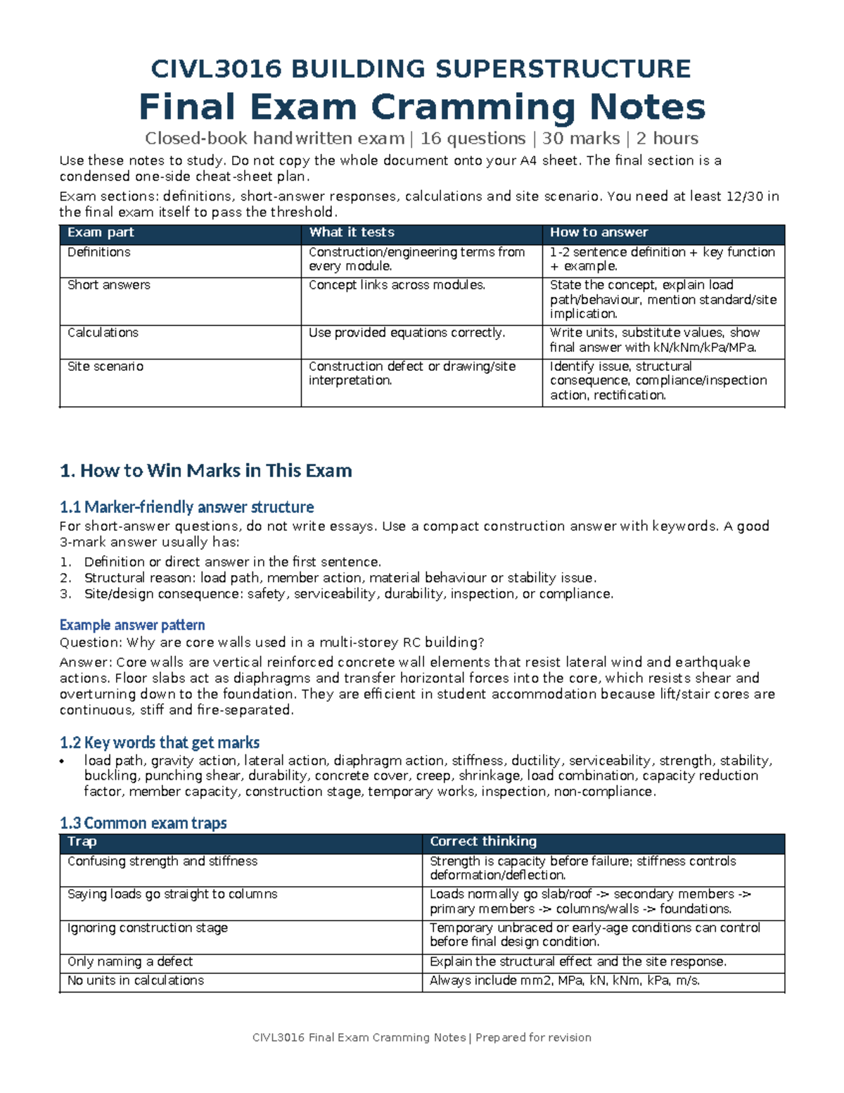 CIVL3016 Final Exam Cramming Notes: Key Concepts & Strategies - Studocu