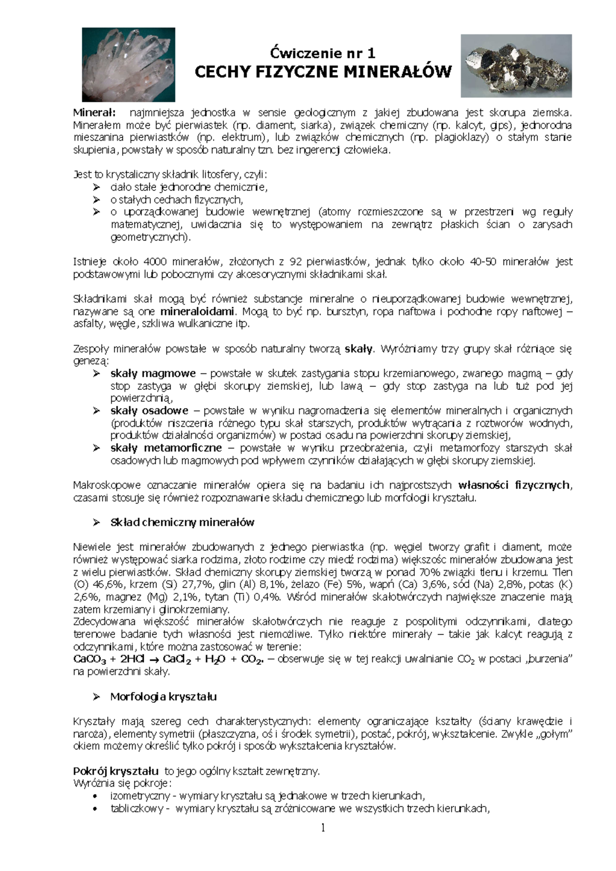 Minerały i Skały - Cechy Fizyczne i Chemiczne Minerałów - Wykład - Studocu