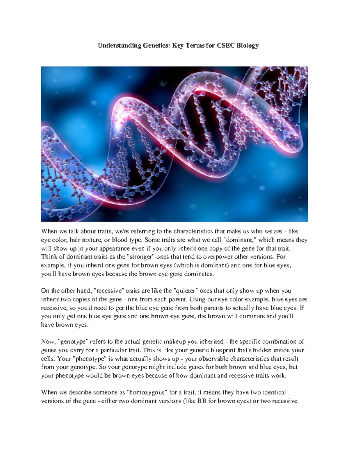 Understanding Genetics: Key Terms for CSEC Biology - Studocu