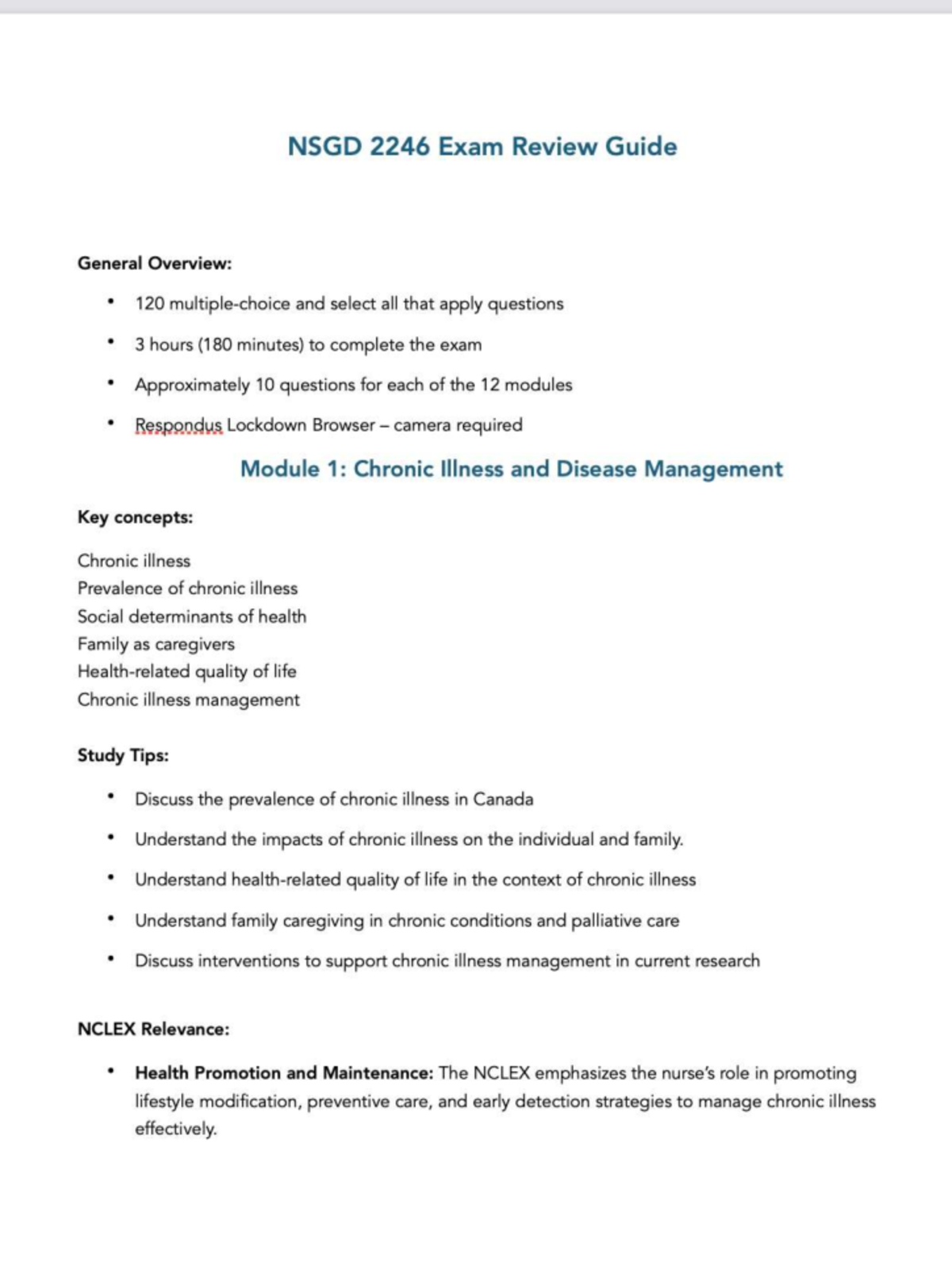 NSGD 2246 Exam Review Guide: Chronic Illness & Disease Management - Studocu