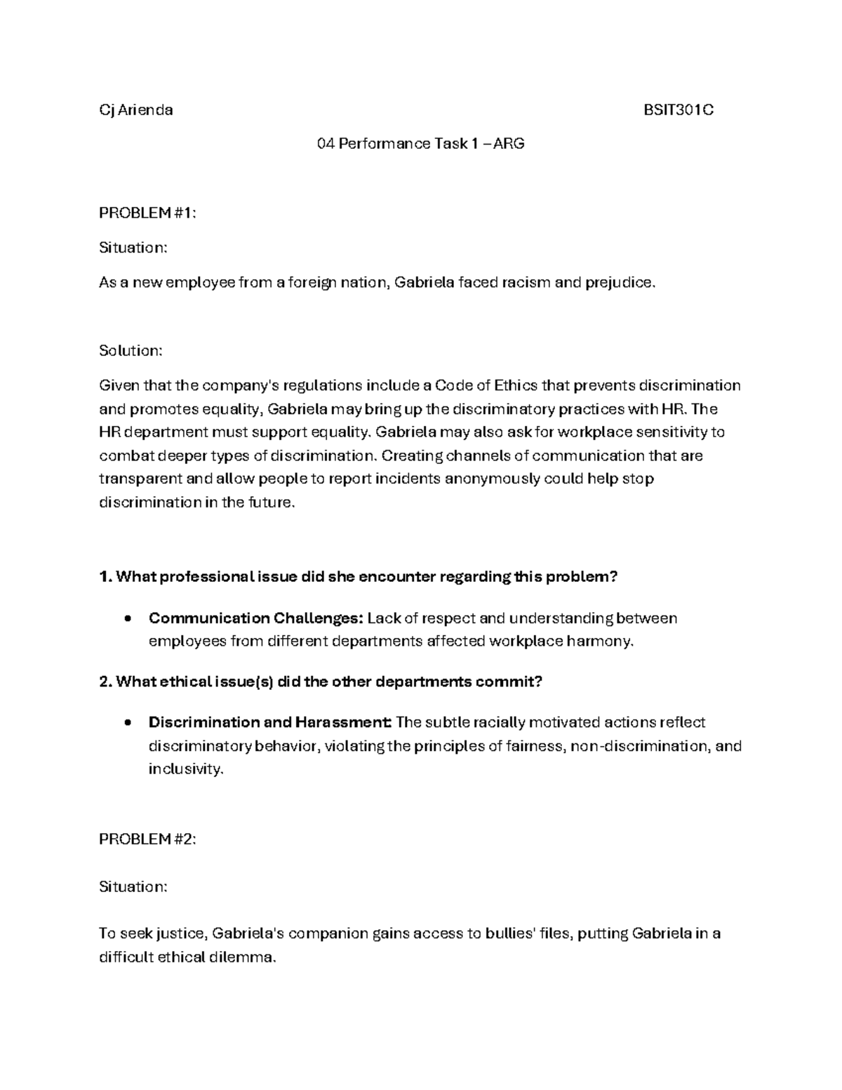 04 Performance Task 1 – Ethical Dilemmas in BSIT301C - Studocu