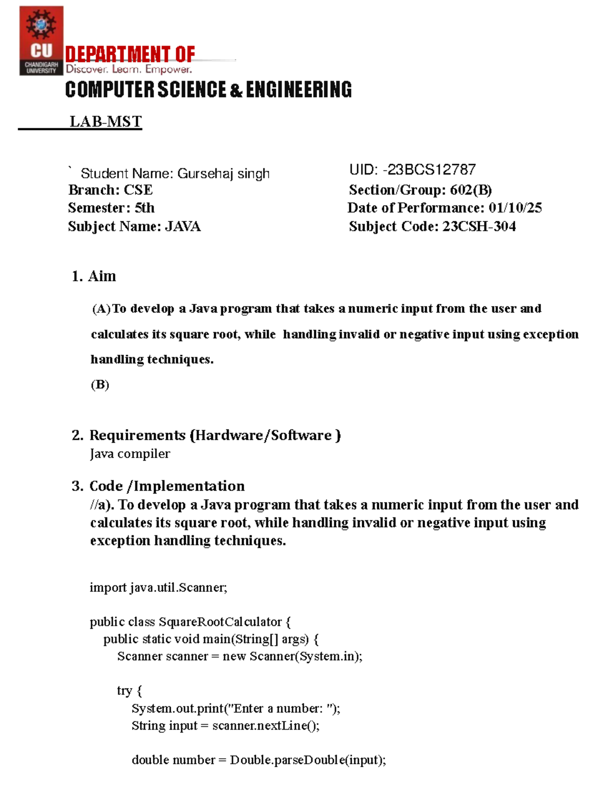 LAB-MST JAVA: Exception Handling & User Input in Java Programs - Studocu