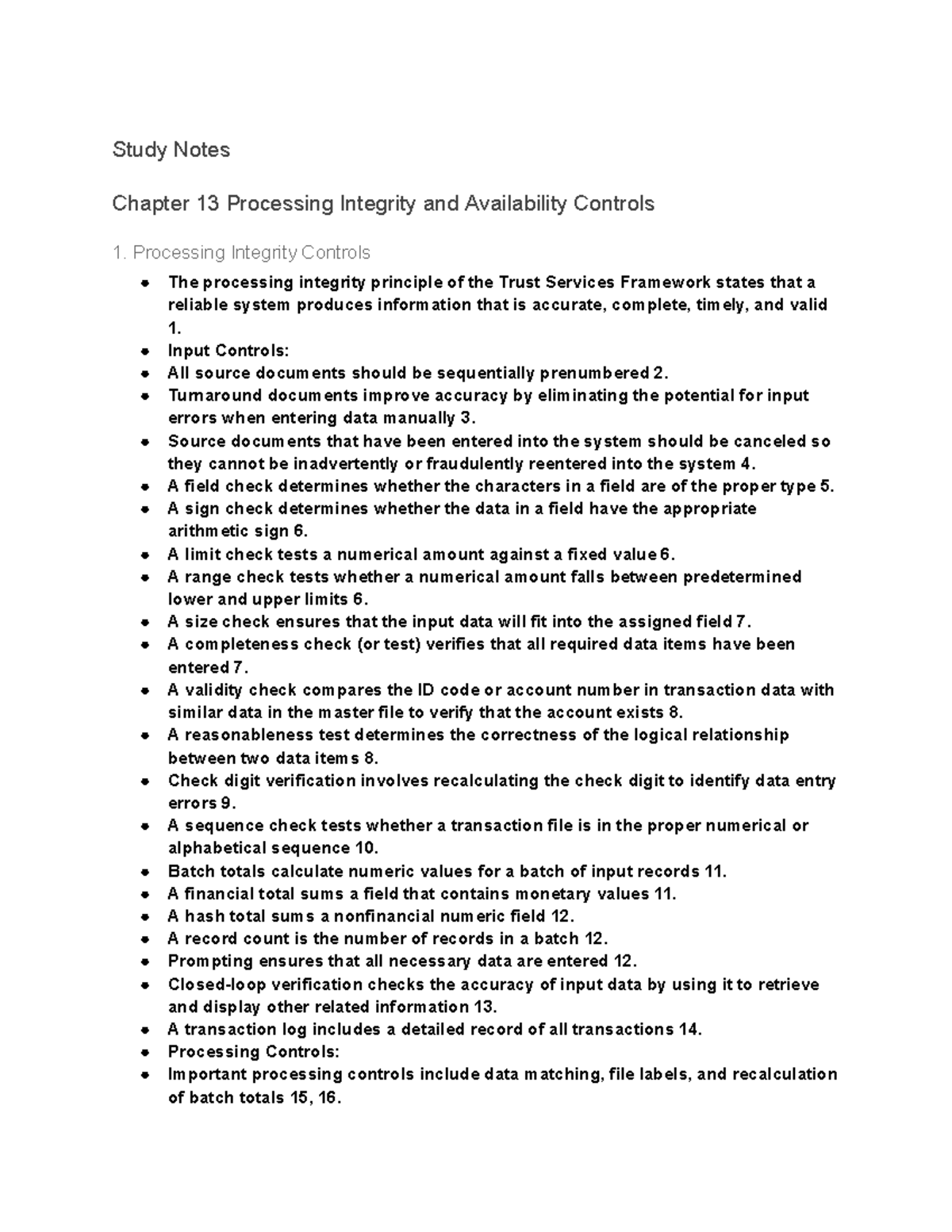 Chapter 13 Study Notes on Processing Integrity & Availability Controls ...