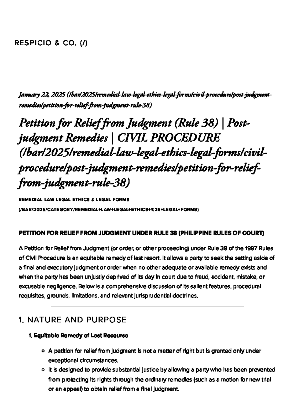 Petition for Relief from Judgment (Rule 38) - Civil Procedure Guide ...