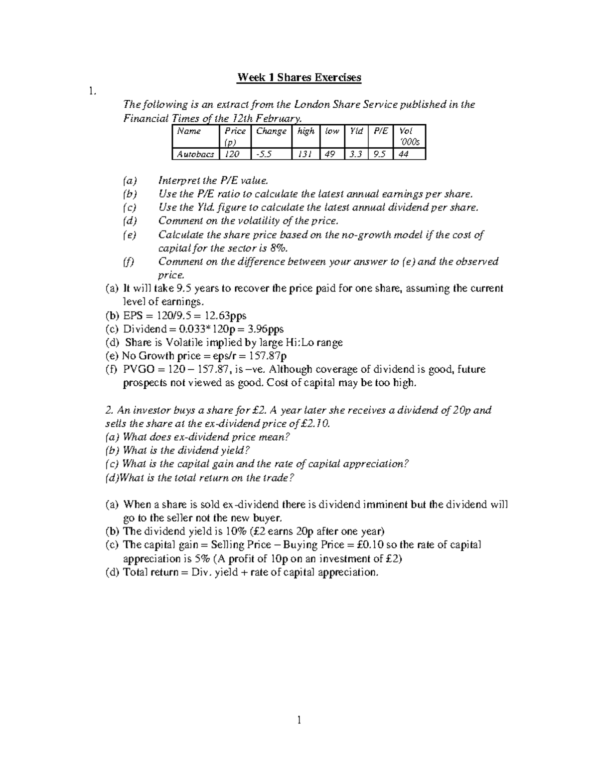 PM Exercises 1 - Tutorial on Shares. - 1 Week 1 Shares Exercises 1. The ...