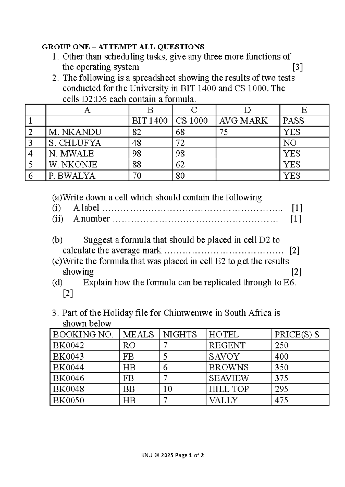 BIT 1400 & CS Group ONE Test Two: Functions & Spreadsheet Analysis ...