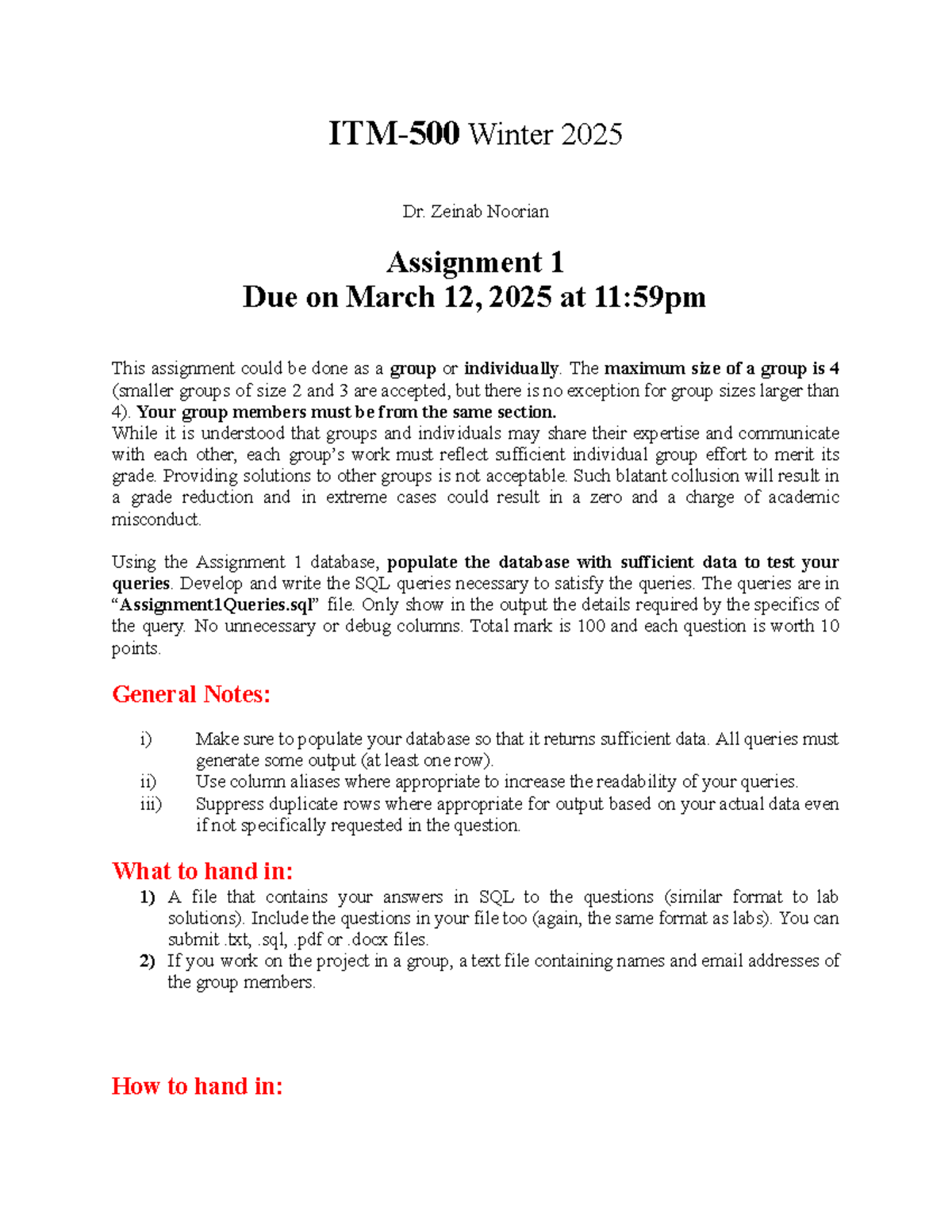 ITM-500 Winter 2025: Assignment 1 Guidelines & SQL Queries - Studocu