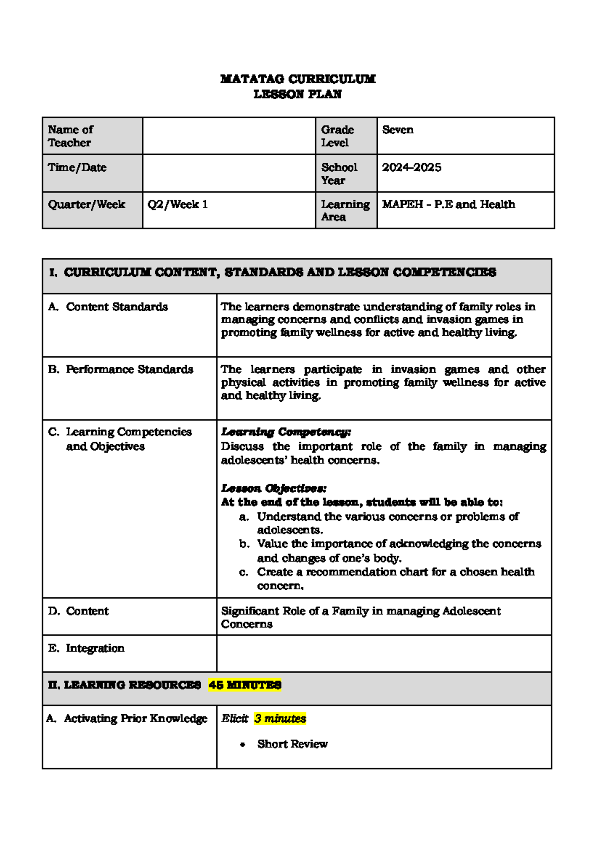 PE and Health 7: Lesson Plan on Adolescent Wellness and Family Role ...