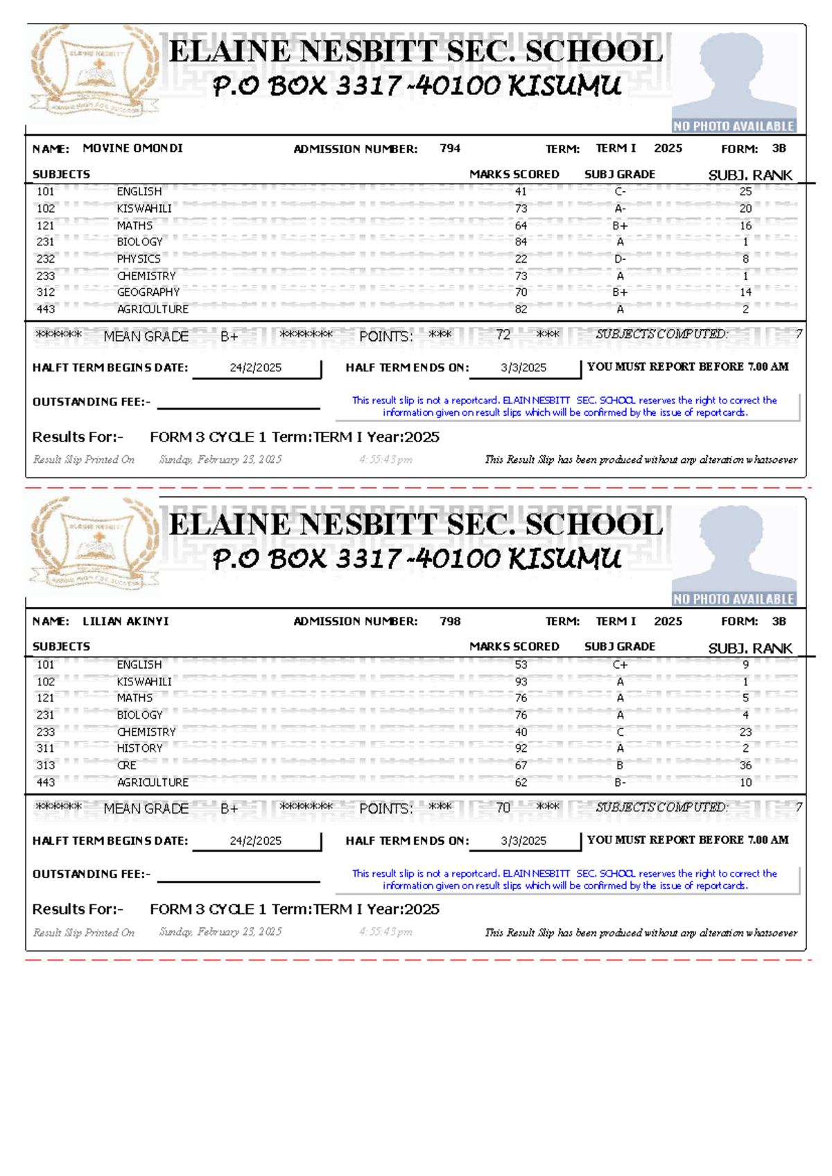F3 result slips - short description on performance - MOVINE OMONDI 794 ...