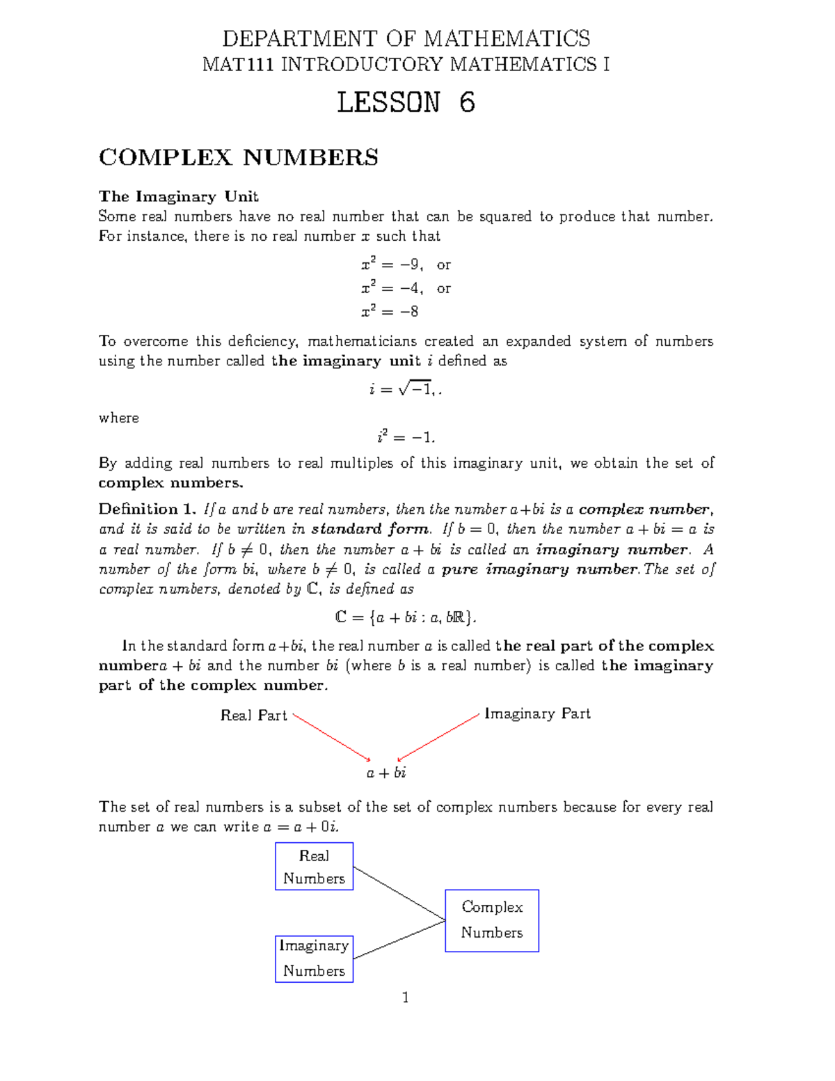 MAT111 Lesson 6 - Introduction to Complex Numbers and Operations - Studocu