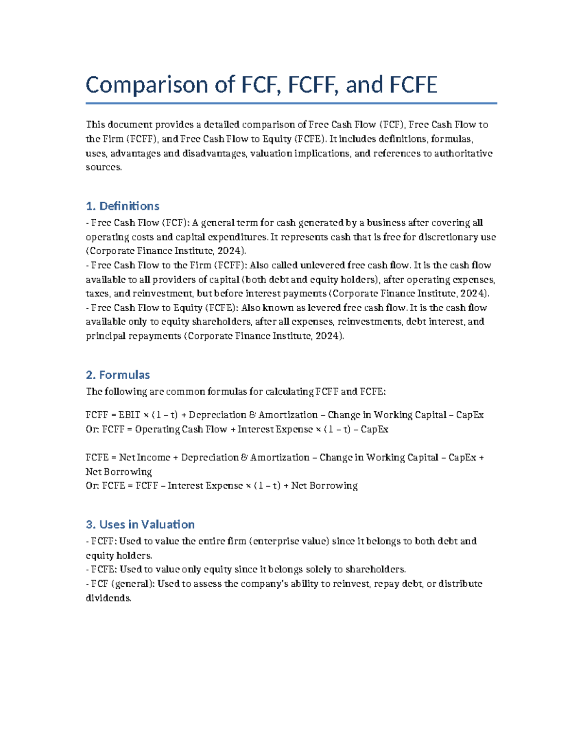 Comparison FCF FCFF FCFE - Comparison of FCF, FCFF, and FCFE This document  provides a detailed - Studocu