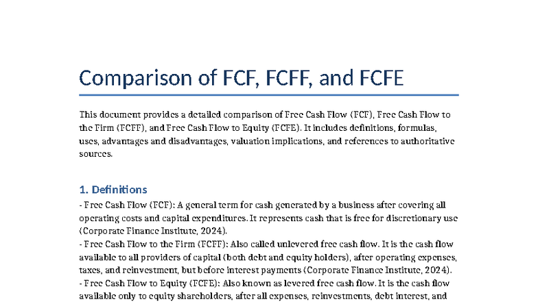 Comparison FCF FCFF FCFE - Comparison of FCF, FCFF, and FCFE This ...