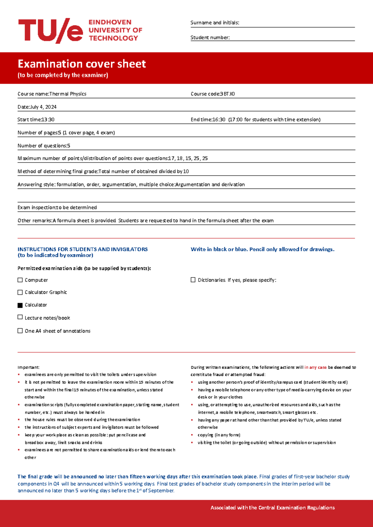 Final Exam Cover Sheet for Thermal Physics 3BTX0 - July 2024 - Studeersnel