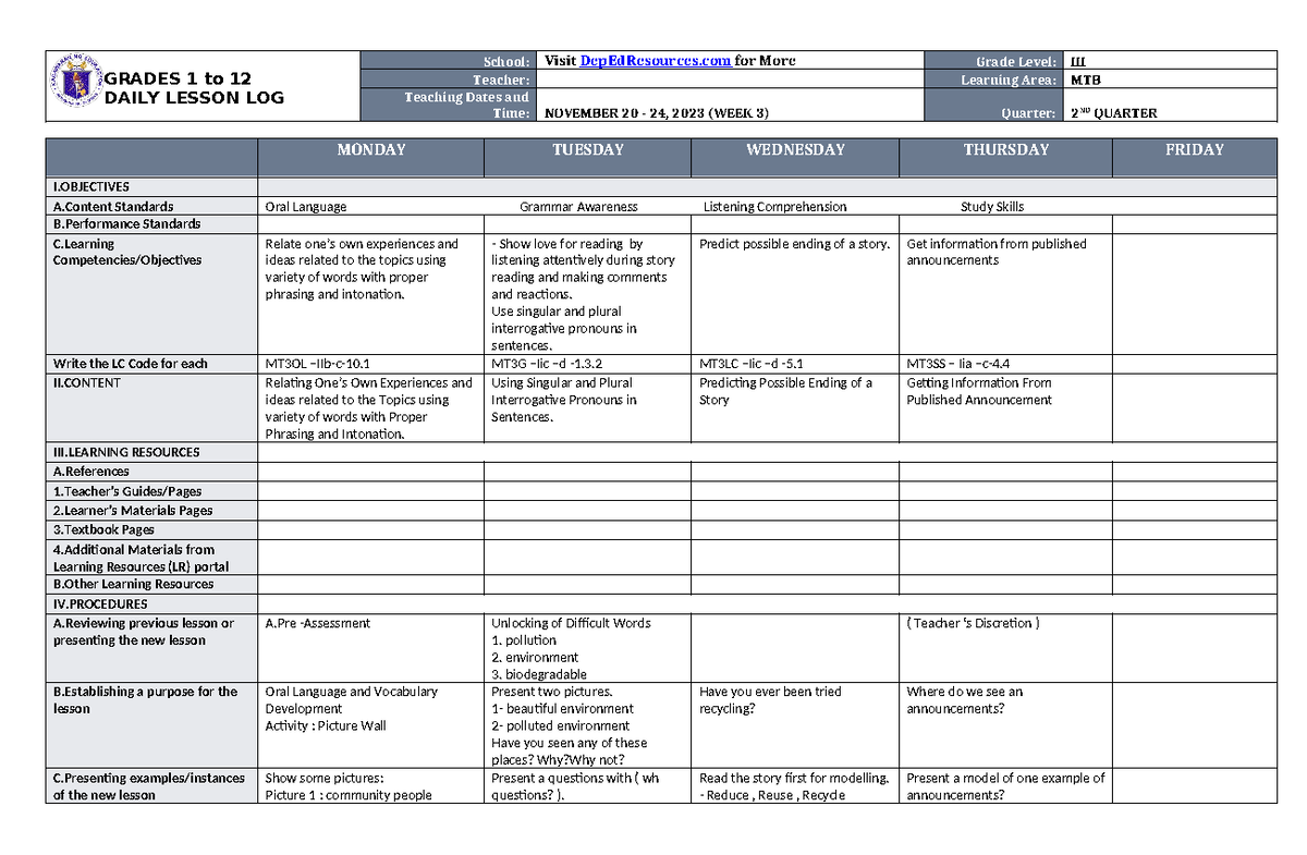 DLL MTB 3 Q2 W3 - Dll - GRADES 1 to 12 DAILY LESSON LOG School: Visit ...