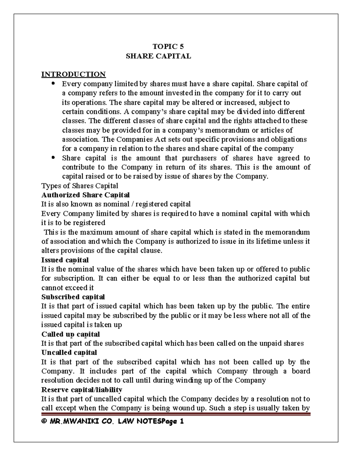 **Topic 5: Understanding Company Share Capital and Its Types** - Studocu