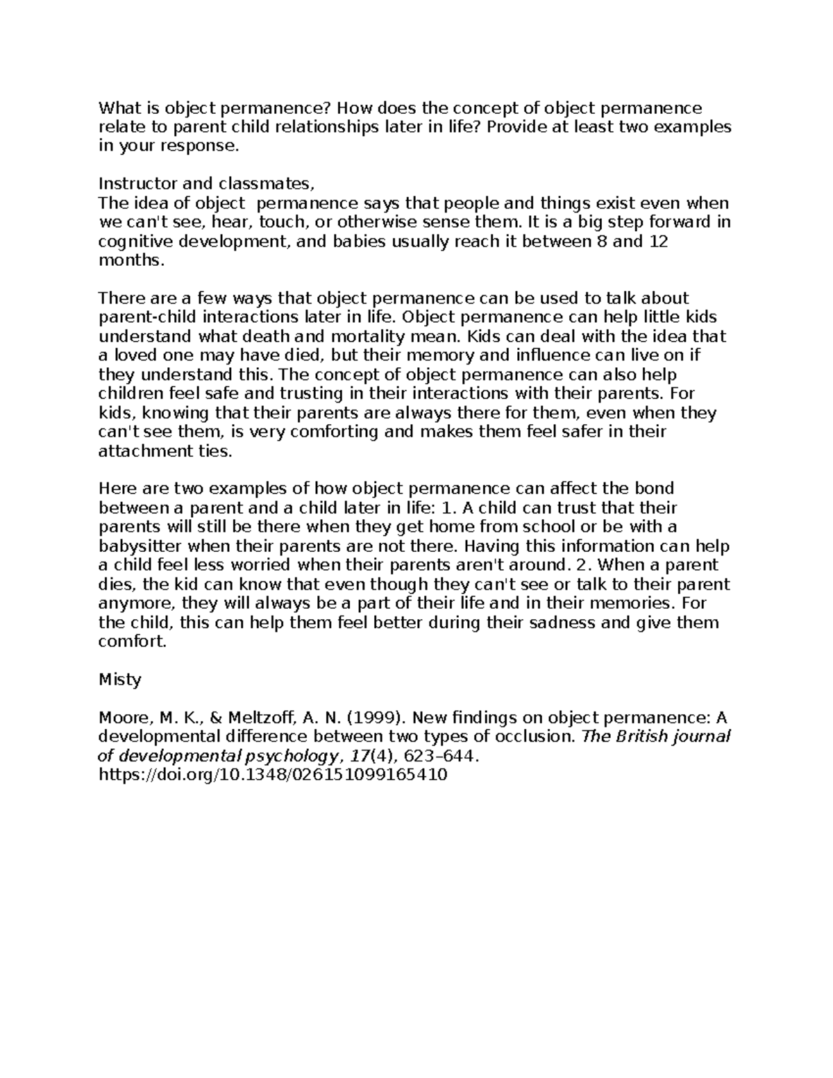 Week 1 DQ2 - Understanding Object Permanence in Child Development - Studocu