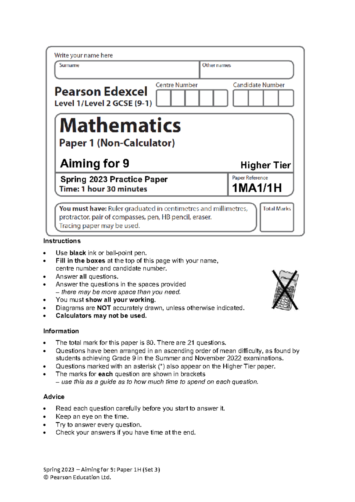 Aiming for 9 (Set 3) Spring 2023 Practice Paper 1H - Studocu