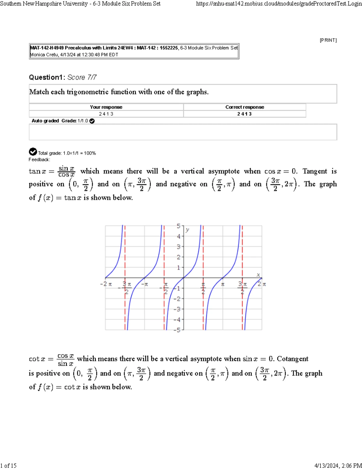 Southern New Hampshire University - MAT-142 Precalculus - 6-3 Problem ...