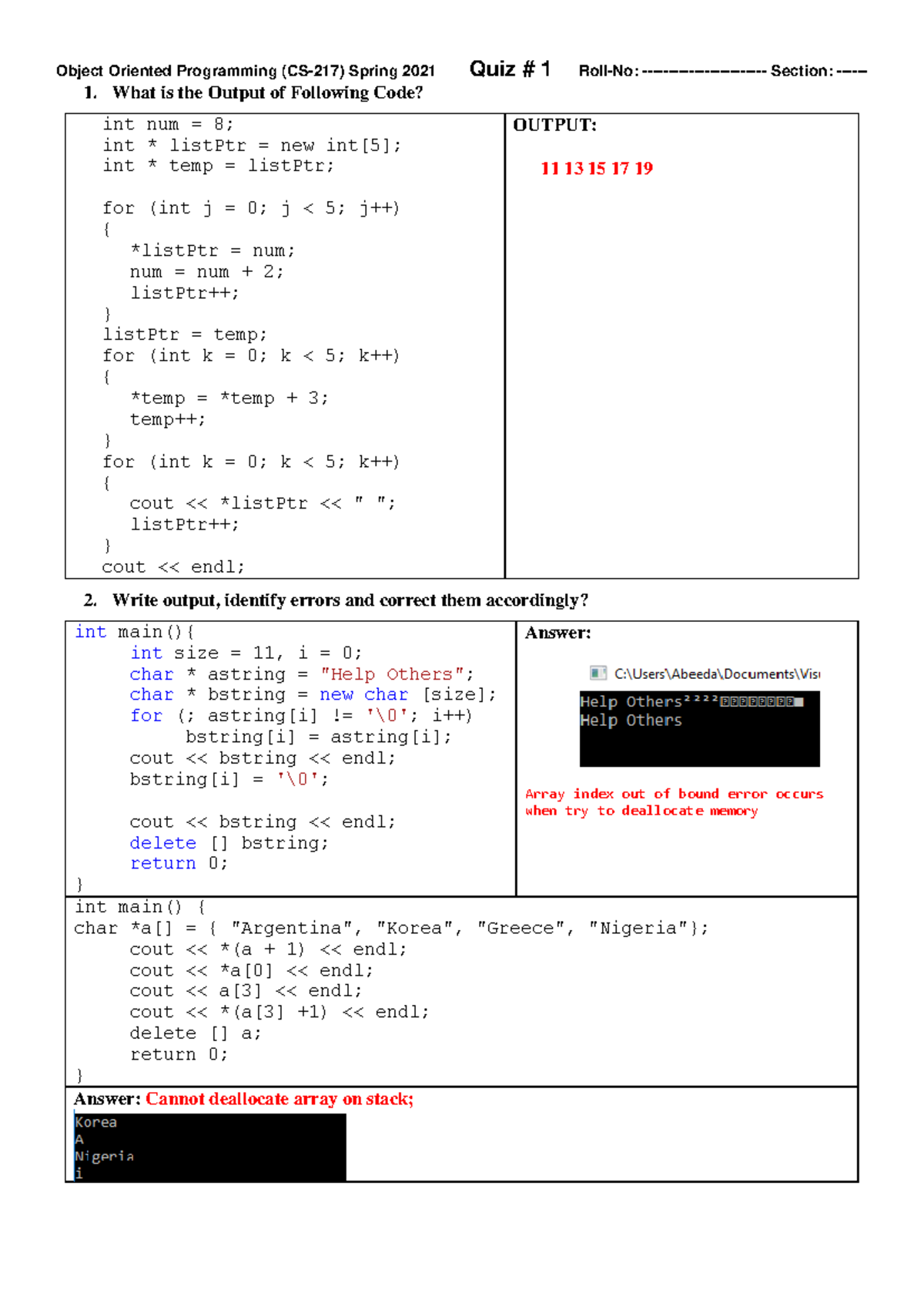 Object Oriented Programming (OOP) Spring 2021 Quiz 1 Solutions - Studocu