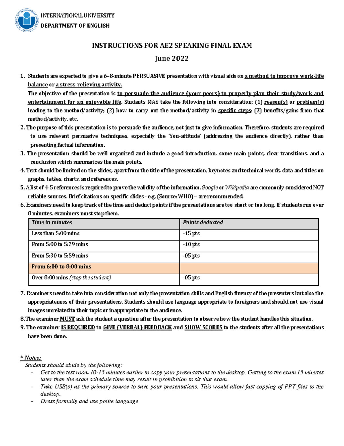 Speaking AE2 Final 2122S2 - INTERNATIONAL UNIVERSITY DEPARTMENT OF ...