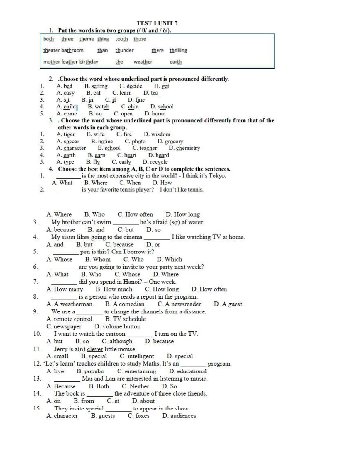 Test 1 Unit 7 - Vocabulary and Comprehension Exercises - Studocu