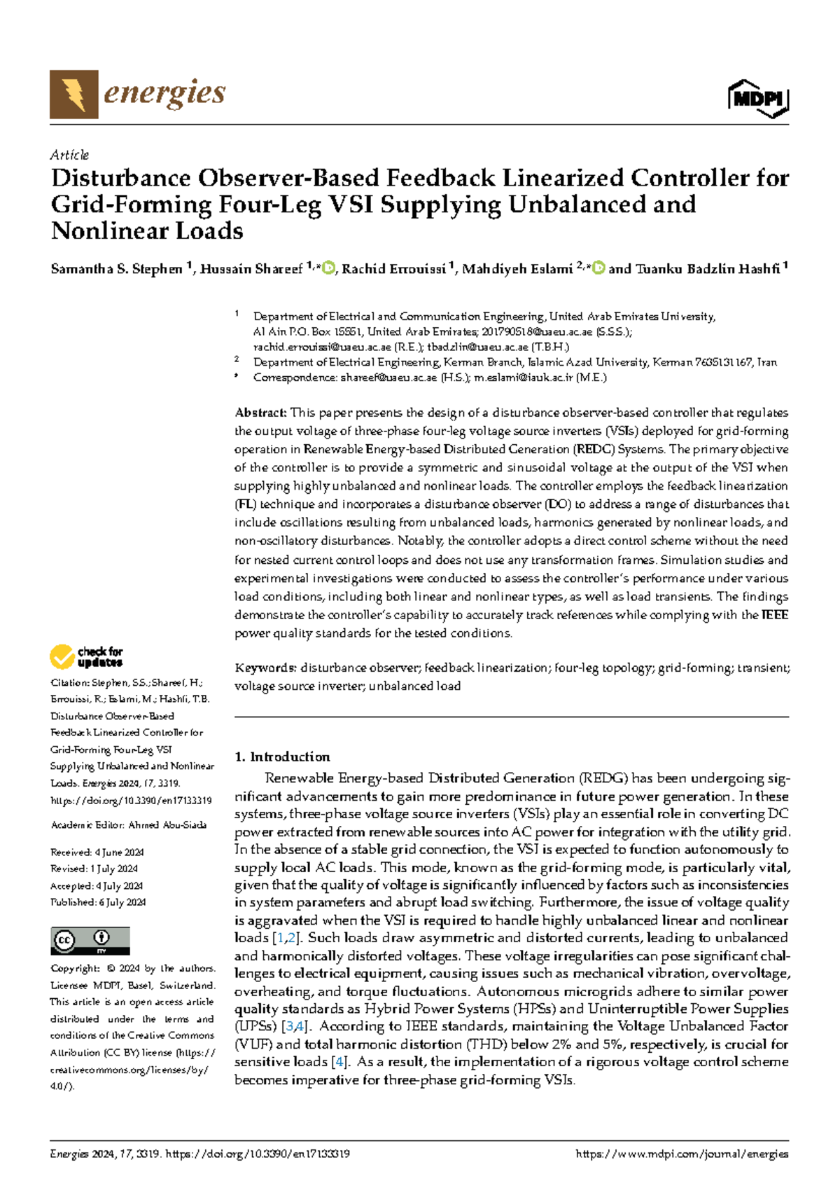 Disturbance Feedback Linearized Controller for VSI with Unbalanced ...