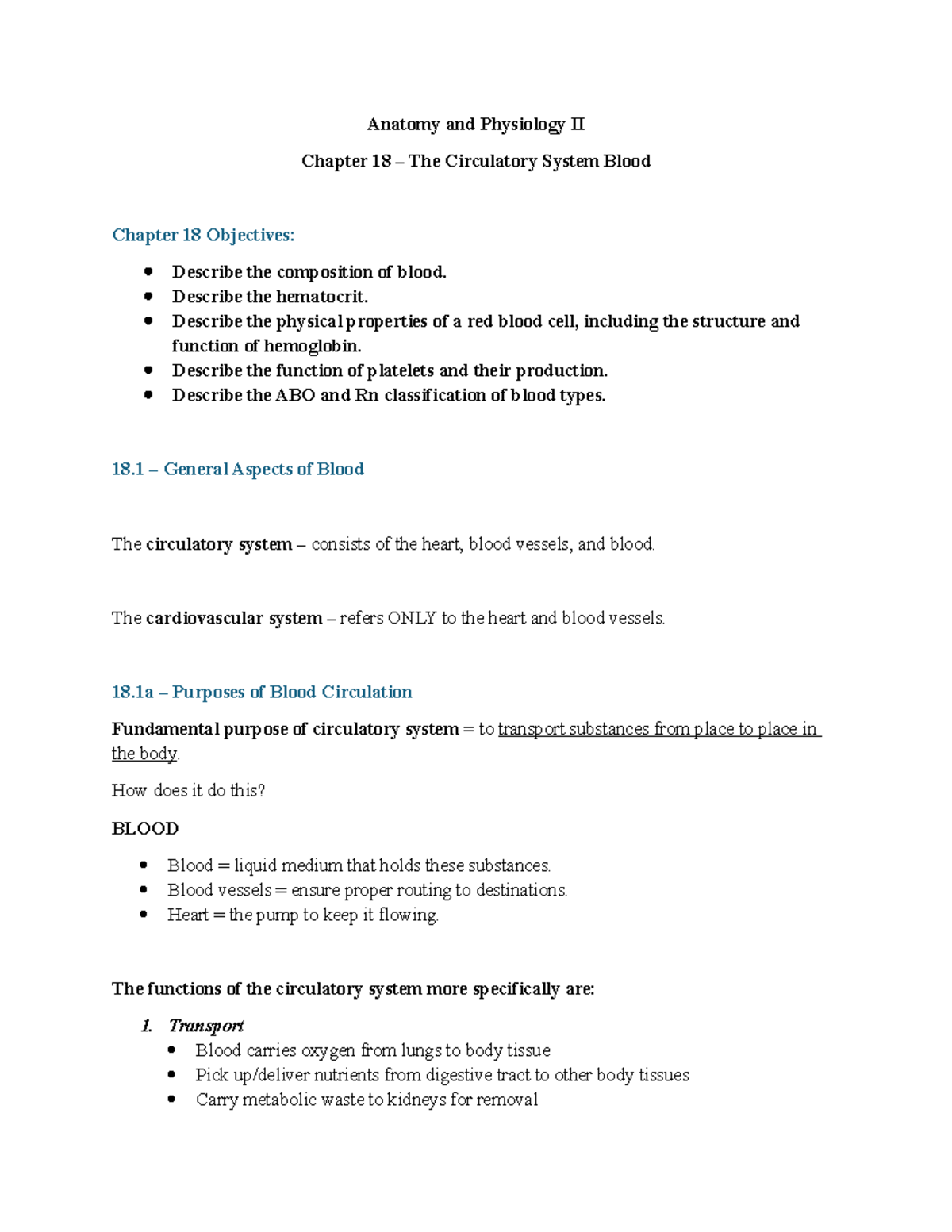 A&P II - Chapter 18: The Circulatory System & Blood Functions - Studocu
