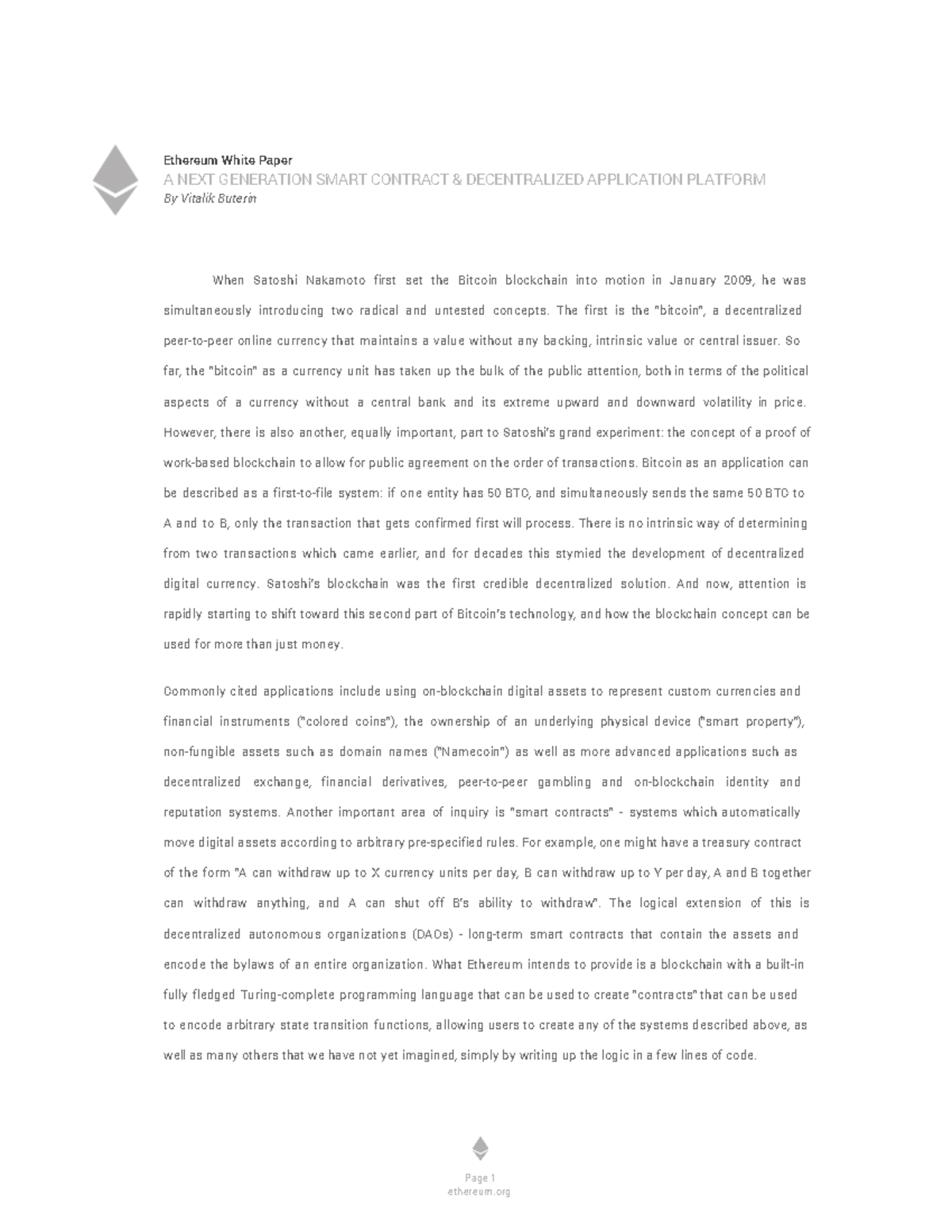 Ethereum White Paper: Next Gen Smart Contracts & DApps - Vitalik Buterin -  Studocu