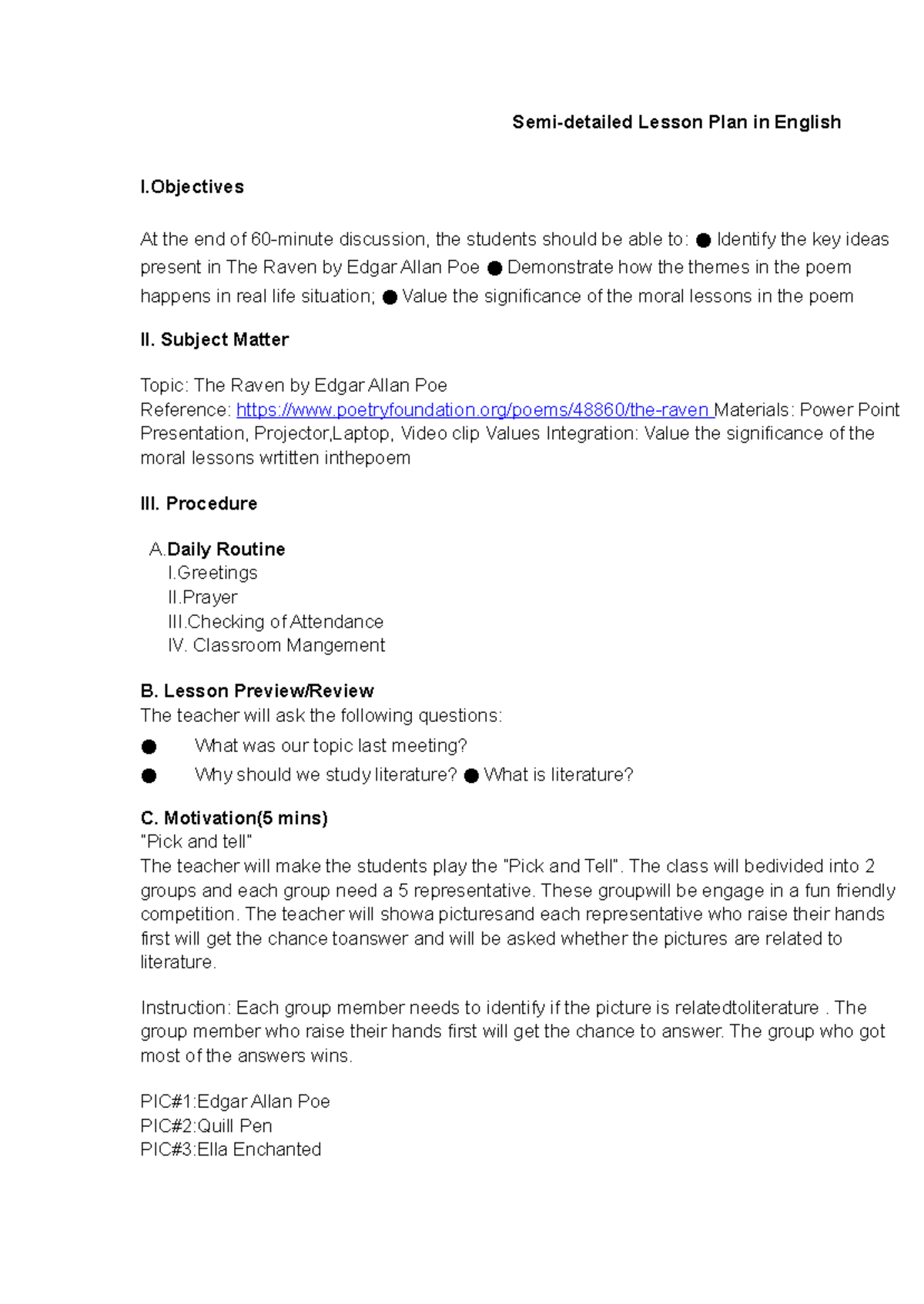 153 SEMI Detailed Lesson Plan: The Raven by Edgar Allan Poe - Studocu