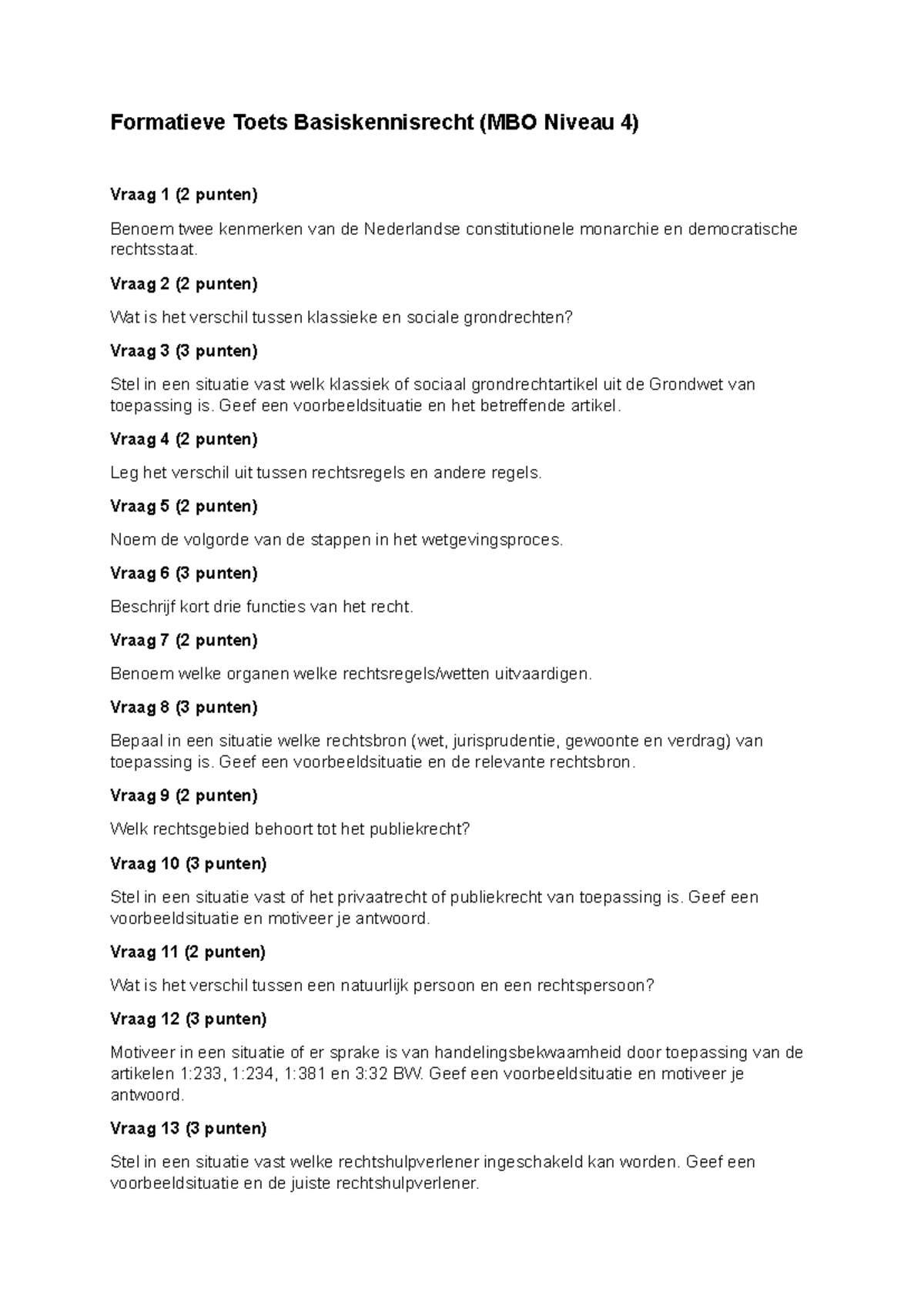 Formatieve Toets Basiskennisrecht (MBO Niveau 4) - Vragen en Antwoorden ...