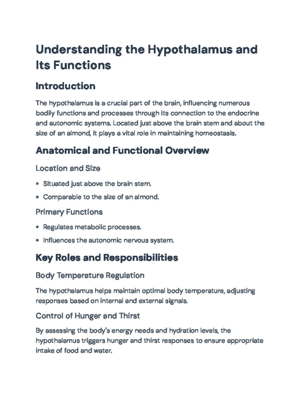 Hypothalamus Functions and Regulation: Overview of Homeostasis Roles ...