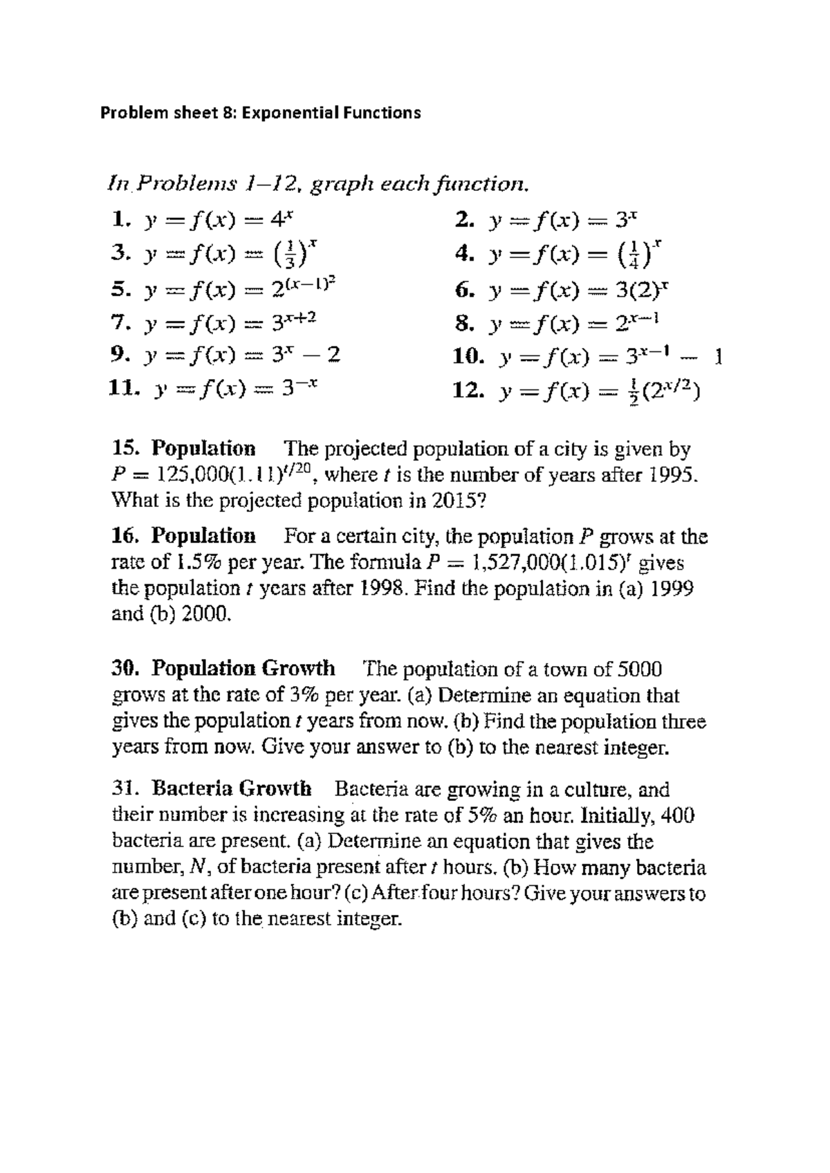 Problem Sheet 8: Graphing Exponential Functions and Population Growth ...