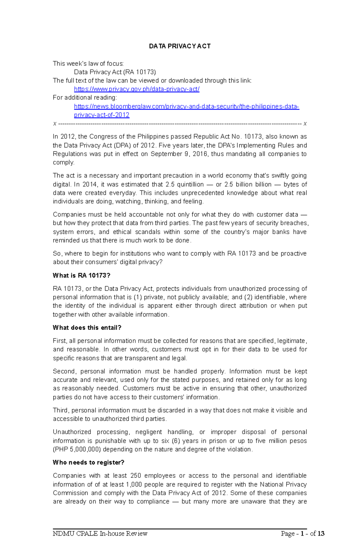 DATA 10173 - Notes on Data Privacy Act (RA 10173) - Corporate Finance ...