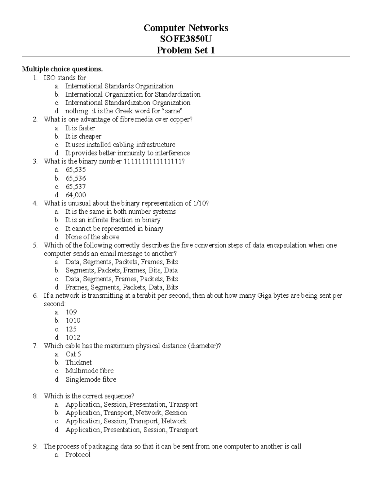 Computer Networks SOFE3850U Problem Set 1: MCQ Study Guide - Studocu