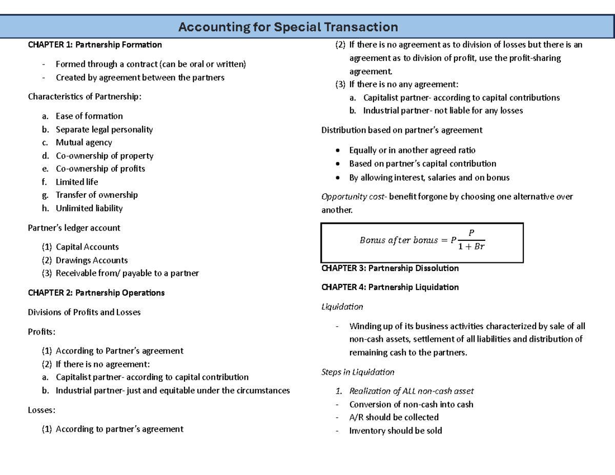 ACC 101: Partnership Formation, Operations, and Liquidation Notes - Studocu